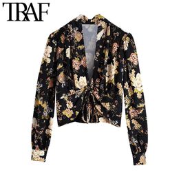 TRAF Women Fashion Floral Print Cropped Blouses Vintage Long Sleeve Adjustable Tied Female Shirts Blusas Chic Tops 210415