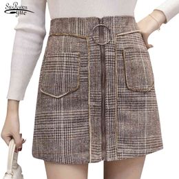 Jupe Femme Casual Sexy Mini Skirts women High Waist A-line Woollen Fashion Plaid Winter Women Black 7474 50 210508