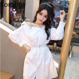 Korobov Vintage Long Sleeve Women Dress Korean High Waist Solid Female Dresses New Chic Off Shoulder Vestidos 210430