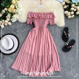 Women Summer Dresses Plaid Slash Neck Shouder Solid Vestidos Ruffles A-line High Waist Dress Robe Femme 210521