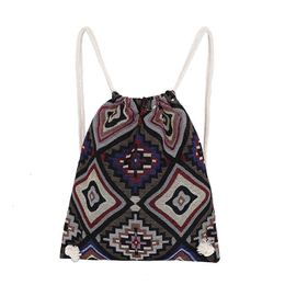 HBP Non-Brand Knitting drawstring heavy thread double shoulder Bohemian ethnic style geometric bundle pocket knapsack cloth bag back