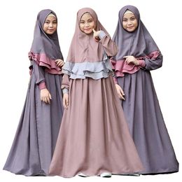 muslim kids clothes NZ - 2PCS Arab Girls Long Sleeve Maxi Dress Hijab Set Muslim Kids Prayer Abaya Jilbab Islamic Party Gown Clothing Suit Middle East