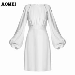 Women White Dress Lantern Sleeves Modest Fitted High Waist Female Zipper Long Shift Dresses Office Lady Work Plus Size 3XL Robes 210416