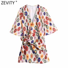 ZEVITY Women Vintage Cross V Neck Geometric Print Bow Tied Slim Mini Dress Female Short Sleeve Casual Kimono Vestidos DS8691 211029