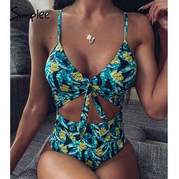 Floral print bikini Hollow out women's swimming female Knot bathing suit High cut swimwear women monokini biquini 210414