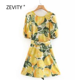 women vintage yellow lemon print bow tied sashes mini dress female sexy backless V casual slim vestidos chic dresses DS3857 210420