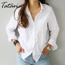 Spring Summer One Pocket Women White Shirt Female Blouse Tops Long Sleeve Casual Turn-down Collar OL Style Loose Blouses 210514