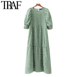 TRAF Women Chic Fashion With Tassel Midi Dress Vintage O Neck Puff Sleeves Female Dresses Vestidos Mujer 210415
