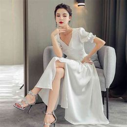 White Long Dress for women Summer Korea Short Sleeve V neck smooth Sundress Sexy Ladie Party maxi Dresses 210602