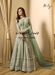 mint green Pakistani prom Dress Embroidery Anarkali Gown lace applique long sleeve caftan kaftan Bollywood Party evening gown