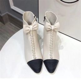 Damen-Stiefel mit spitzem Zehenbereich und dickem Absatz, neue elastische Stiefel, Schwarz, Weiß, farblich passende Perle, kurze Mary-Jane-Stiefel, Pumps