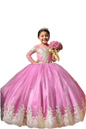 2022 Sheer Long Sleeve Pageant Dresses Little Girls Ball Gown Light Gold Applique Jewel Princess Party First Communion Flower Girl Dress