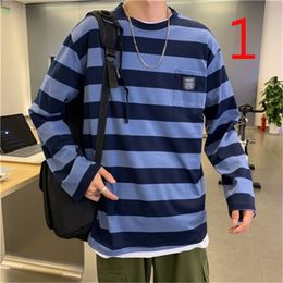 Retro mixed Colour long-sleeved T-shirt men's youth loose round neck bottoming shirt tide 210420