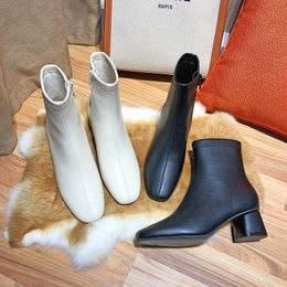 Boots 2021 Autumn Winter Shoes Women Brand Design Classic Soft Leather Zipper Square Heels Round Toe Short Sexy For