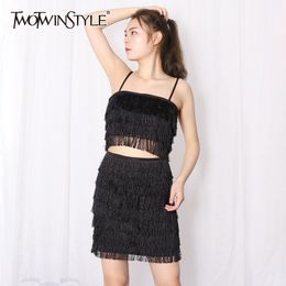 TWOTWINSTYLE Sexy Party Two Piece Set For Women Short Tops High Waist A Line Mini Skirts Slim Sets Female Fashion Clothing 210517