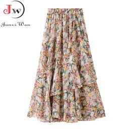 Fashion Summer Floral Chiffon Midi Skirt Korean Style High Waist Elegant Sweet Casual Women Irregular Mermaid Ruffle 210510