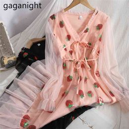 Strawberry Dress Women Preppy Style Mesh Sweet Casual Long Sleeve Elegant Printed Party es Female 210601