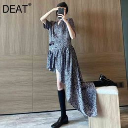 Women Gray Big Size Asymmetrical Dress Notched Neck Short Sleeve Loose Fit Fashion Tide Spring And Summer 3D1714 210421