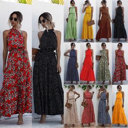 Women Maxi Dress Sexy Floral Print Off Shoulder Halter Neck Strap Summer Dresses Casual Ruffles Lace Up Beach Boho Sundress