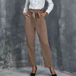 Women's fashion pleated bow straight trousers autumn women sweatpants Drawstring Pants bottom pants Full Length Office Lady 210514