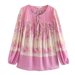 Bohemian Pink Orange Floral Print Pullover Shirt Ethnic Women Bell Bow Lace Up O neck Long Sleeve Blouse Tops 210429