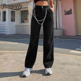 Benuynffy Zipper Fly Pockets Black Wide Leg Jean Autumn Winter Casual Streetwear Ladies High Waist with Chain 210809