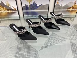 European luxury women's slippers rabbit hair home women shoes diamond embellishment fashion Baotou patent leather high-heeled Slipper Size 35-42