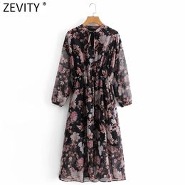 Women Vintage V Neck Flower Print Elastic Waist Chiffon Midi Dress Lady Long Sleeve Casual Slim Party Vestido DS4729 210420