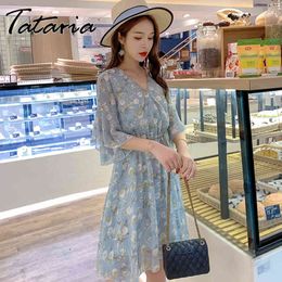 Tataria High Waisted Print Knee Length Dress for Women Short Sleeve T-shirt Casual Chiffon es Party 210514