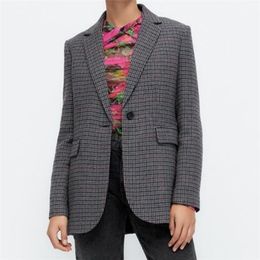 autumn and winter casual plaid double-breasted texture with shoulder pads suit jacket women 211122