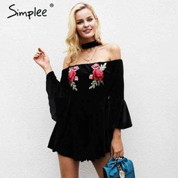 Embroidery off shoulder halter jumpsuit romper Women Flare sleeve short overalls Streetwear casual velvet playsuit 210414