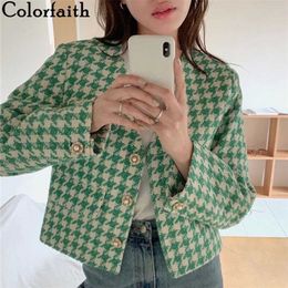Colorfaith Spring Autumn Women's Blazers Jackets Fashionable Vintage Chequered Plaid Elegant Lady Short Tops JK1068 211122