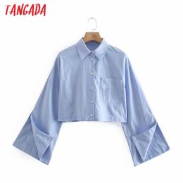 Women Blue Pocket Patch Crop Blouse Femme Split Long Sleeve Short Shirt Chic Tops XN319 210416