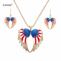 Lureme Retro American Flag Pattern Wing Necklace Pendant Dangle Earrings Jewellery Set for Women Girls (js000696) Q0709