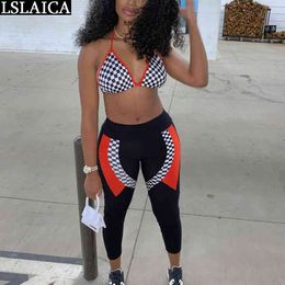 Sexy Two Piece Set Women Plaid Print Halter Spaghetti Strap Sleeveless Crop Top And Ankle-length Pants Tracksuit Pantalones 210520