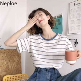 Neploe Casual Striped T Shirts Women O Neck Short Sleeve Female Tops Summer Loose Fashion Cotton Ladies Tees 1B521 210423