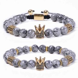 Fashion DIY Hand Jewellery 2Pcs/Set 8mm Natural Map Stone Zircon Crown Charm Bracelet Adjustable Macrame Black CZ Crown Bracelet