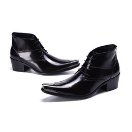 Chelsea Ankle Boots Men Black Soft Genuine Leather Thick High Heels Male Shoes Cowboy Boots Metal Head Men Lace Up Man Boots