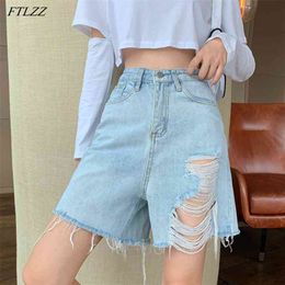 Summer Ladies High Waist Blue Retro Jeans Shorts Tassel Hole Denim Women Casual Solid Wide Leg Loose 210430