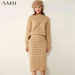Minimalism Autumn Winter Suits For Women Fashion Houndstooth Oneck Loose Sweater High Waist Aline Women's Skirt 12070372 210527