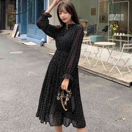 Black Dot Print Spring Korean Midi Flare Floral Chiffon Dress Women Long Sleeve Elegant Robe 13196 210417