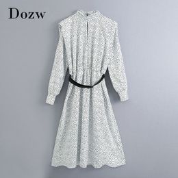 Dot Print Midi Dress Women O Neck Elegant Pleated Dress Long Sleeve Back Hollow Out Party Dress With Belt Vestidos Mujer 210414