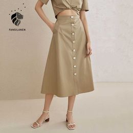 FANSILANEN Elegant high waist long a-line skirt Women office lady casual button wrap Spring summer cotton vintage 210607