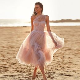 pink lace tea dress Australia - Chic A Line Short Beach Wedding Dresses One Shoulder Neck Bridal Gowns Pleated Tea Length Tulle robe de mariée