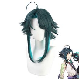 Genshin Impact Xiao Cosplay Wigs Dark Green Short Straight Heat Resistant Synthetic Hair Wig Y0903