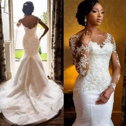 Nigeria South African Mermaid Wedding Dresses Bridal Gowns Long Sleeve Lace Appliques Open Back Plus Size Bride Dress Scoop Neck Vestidos De Novia Custom Made