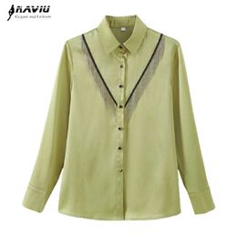 Fruit Green Shirt Women Fashion Spring Long Sleeve High End Tassel Satin Blouses Office Ladies Formal Work Tops 210604