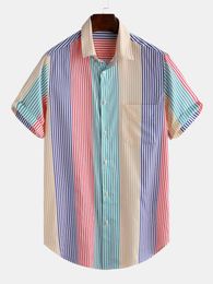Vertical Colourful Striped Shirt Mens Cotton Button Up Short Sleeve Chest Pocket Shirts Men Summer Korean Clothes 210527