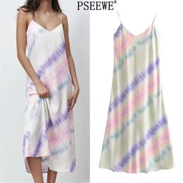 Woman Long Summer Dress Tie Dye Satin Midi Sexy Beach Women Fashion Backless Spaghetti Strap Party es 210519