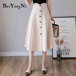 High Waist Elegant Swing A Line Skirt Women Solid Color Black Work Wear Office Ladies Skirts Single-breasted Vintage 210506